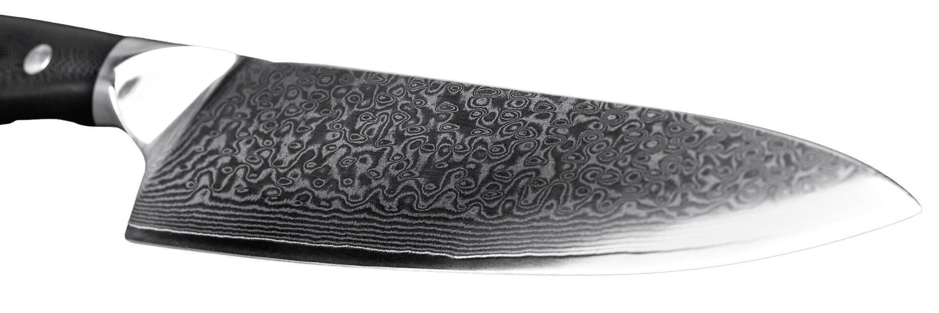 Close-up of a Damascus steel knife blade with intricate wave patterns
